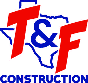 Bold red "T & F" over a blue outline of Texas, with "CONSTRUCTION" written below in blue.