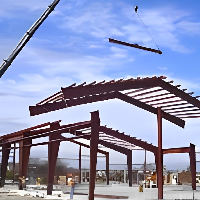 A crane is lifting a beam into the sky.