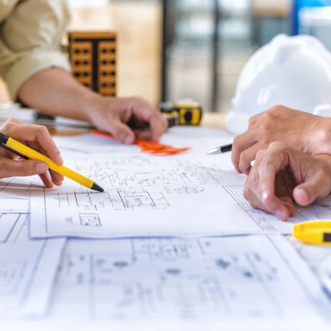 A group of people working on construction plans.